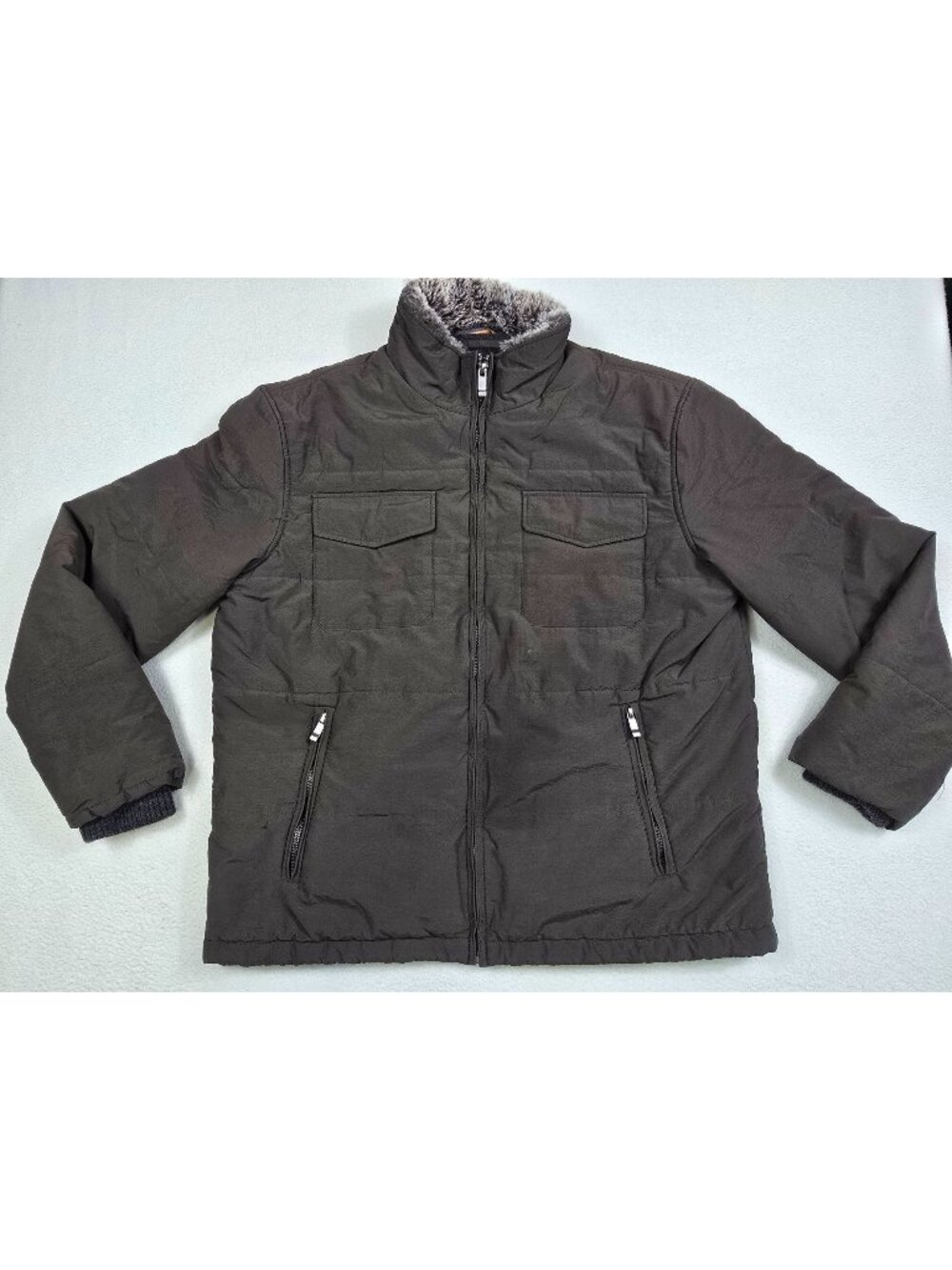 Weatherproof Mens Large Puffer Jacket With Faux Fur Collar Olive Green